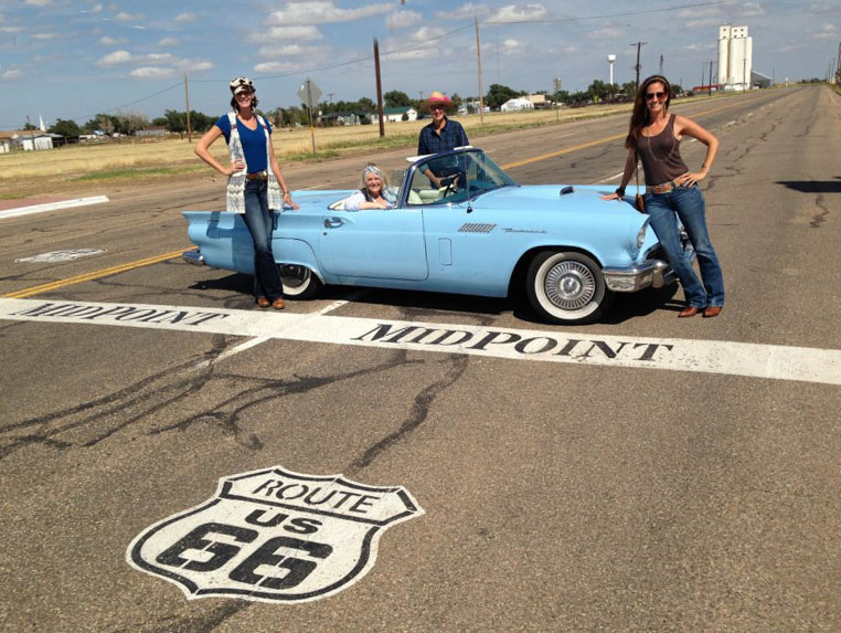 Four with 1955 T-Bird owned by other Route 66 adventurers, Bonnie and Mark