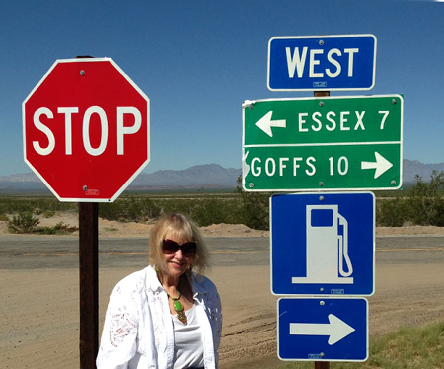 Carol on Route 66 at the crossroads of Essex and Goffs